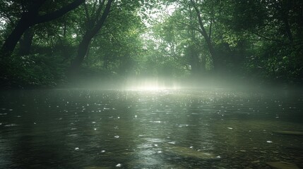 Abstract Forest with Wet Ground and Sunlight in the Background