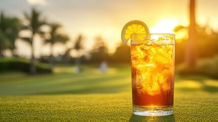 Iced tea with lemon on a golf course at sunset, vibrant golden light. Use it to promote summer drinks, leisure, or healthy outdoor lifestyle.