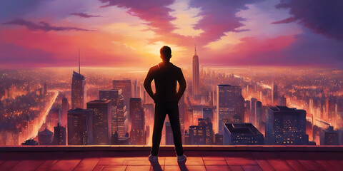 Person watching colorful skyline over city lights

