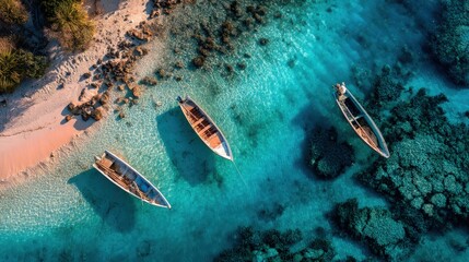 Aerial View of Wooden Boats on Tropical Beach