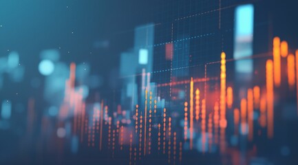 A digital board shows stock market trends in orange and blue bars, contrasting with the blurred cityscape in the background.