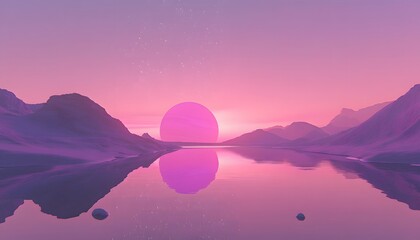 A tranquil landscape at sunset, featuring a vibrant pink sun reflecting on a calm body of water.