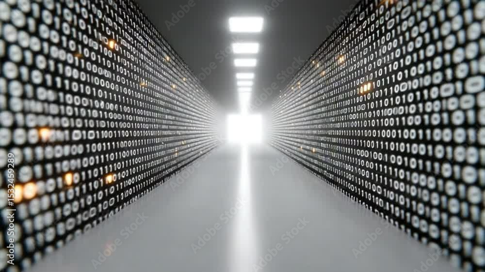 Poster Digital Data Tunnel: Futuristic rendering of a data tunnel with binary code, symbolizing the flow of information and the digital age. Featuring an illuminated end.