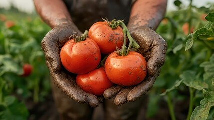 Dirty hands hold freshly picked, ripe red tomatoes in a garden. Use for organic farming, healthy food, or sustainable agriculture images.