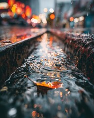 Autumn Leaf in City Gutter, Rain Reflections