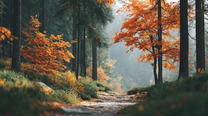 Autumn Forest Path with Vibrant Maple Tree