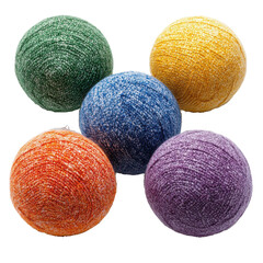 Five colorful yarn balls arranged close to each other on transparent background