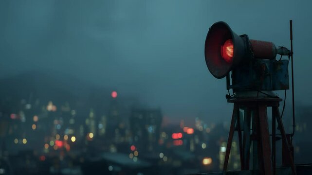 Emergency Broadcast System Siren with Red Light on Rooftop Overlooking Cityscape at Night, Warning System, Alerting System, Safety and Security