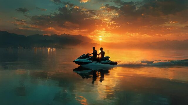Two men riding a jet ski across calm reflective waters at sunset with scenic mountains in the background