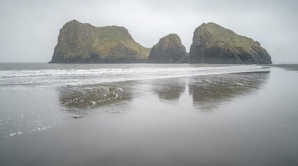 Coastal Icelandic Black Sand Beach with Rock Formations and Reflections