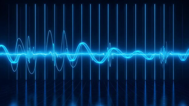 Blue waveform graphic display over a grid. Vertical bars complement the visual design
