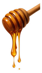 Honey drips from a wooden honey dipper, showcasing its viscous texture and amber color.