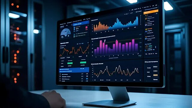 Data Analytics Dashboard Displaying Key Performance Indicators on a Computer Screen in a Modern Server Room