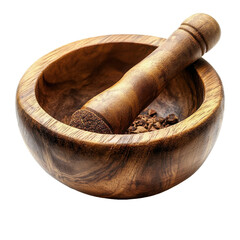 A wooden mortar and pestle with spices inside the bowl on transparent background