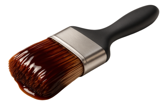 A black-handled basting brush soaked with thick brown barbecue sauce, ready for cooking and marinating.