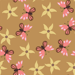 Seamless blooming floral pattern based on hand drawn art ornaments. Colorful flowers, leaves, plants on color background. Vector illustration. Simple minimalistic pattern for fabric, textile.