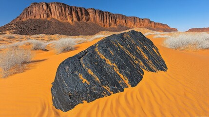 Pixelated Sand Dune Landscape with Rock Formation and Mountain Background
