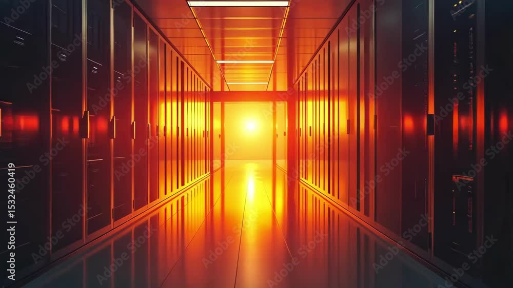 Poster server room data center with rows of server racks and bright light. technology and industry concept.