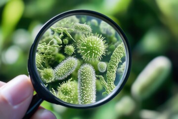 Magnifying glass shows green bacteria, virus and germs on bright green background. Use for science, medicine, health, research or other illness related concepts.