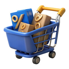 3d render of shopping cart with discount percentage blocks isolated on transparent background