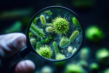 Close-up shows bacteria and viruses under a magnifying glass, hand holding it. Good for illustrating topics on germs, illness, scientific research, and medicine.