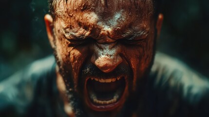 Sweaty, determined man yells with grit, intense eyes shut tight, under harsh light. Great image to portray struggle, anger, frustration, or extreme emotion.