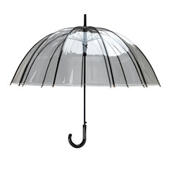 A clear umbrella with a handle against a solid backdrop on transparent background