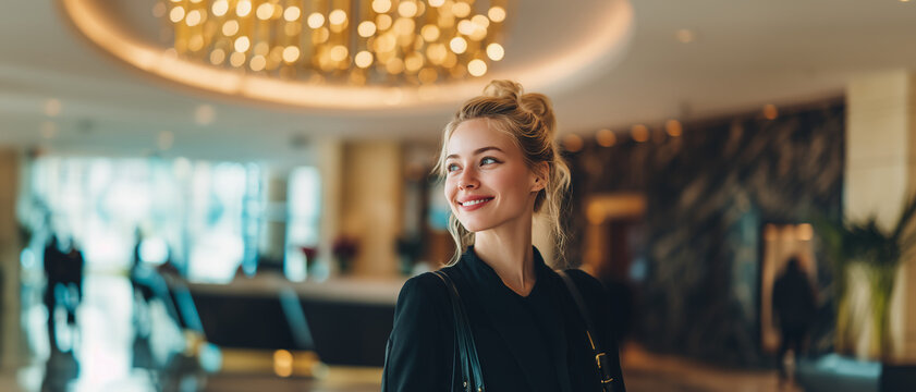 beautiful blond receptionist / businesswoman / hotel manager looking up with a smile; luxury spa / conference center interior