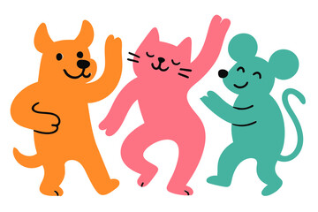 Obraz premium Birthday Party Dancing Animal Friends Dog, Cat and Mouse