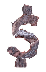 Dollar sign made of tree bark. Natural forest typography.