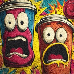 Cartoon Drinks with Faces, Pop Art Style