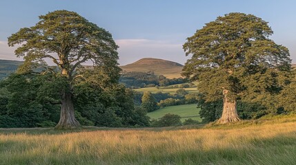 Two Trees Framing Distant Green Hills Under Blue Skies in Serene Landscape