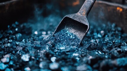 Rustic scoop shovels shiny coal in the blacksmith forge, close-up. Use for industry, craftsmanship, heat or power themes.