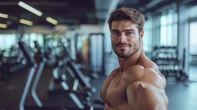 Handsome shirtless man smiles, posing in modern fitness gym. Ideal for advertising health products, fitness programs, or lifestyle content.