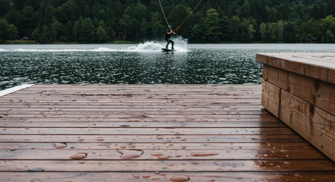 Man wakeboarding on lake with wooden deck in background  
