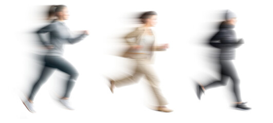 Set of Running people with motion blur effect, isolated PNG with transparent background for photo scenes