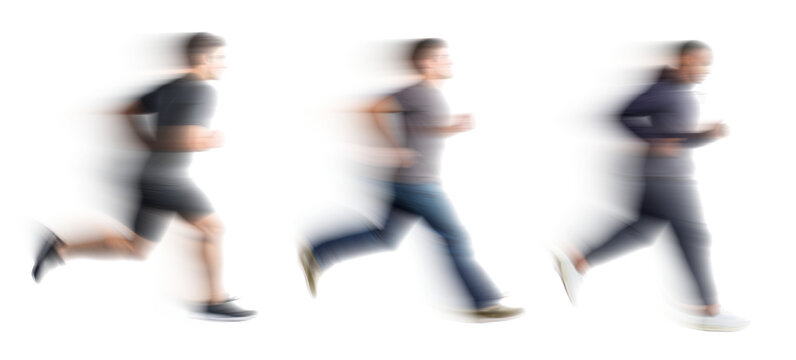 Set of Running people with motion blur effect, isolated PNG with transparent background for photo scenes