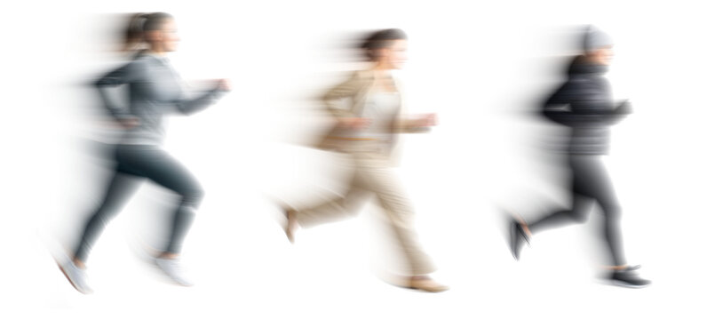 Set of Running people with motion blur effect, isolated PNG with transparent background for photo scenes