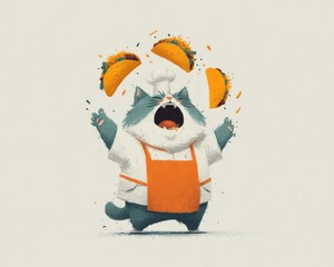 Chef Cat Juggling Tacos: Fun Food Illustration
