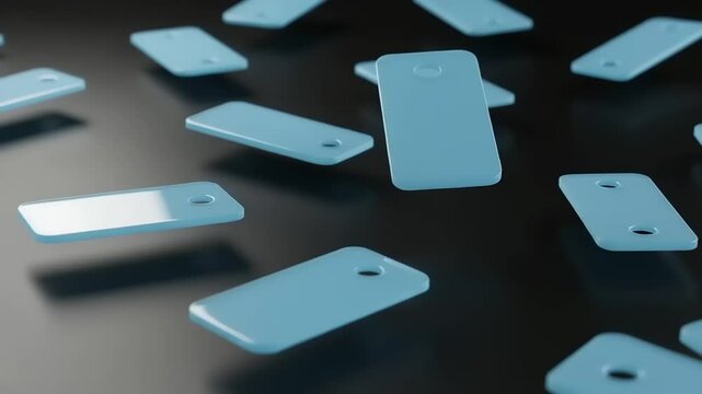 Floating blue smartphone cases scattered in a dark environment, creating a modern tech aesthetic