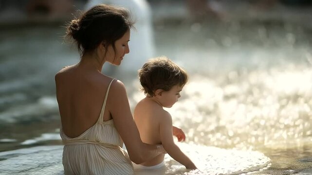 A mother watches her child play in a sunlit fountain