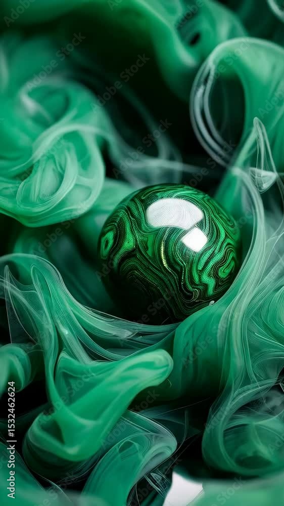 Poster surreal composition of a green marble sphere surrounded by flowing ink in an abstract and artistic s