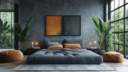 Modern Bedroom Interior Design: Dark Grey Walls, Plants, and Large Window