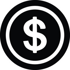 Black and white circular coin icon featuring a prominent dollar sign