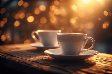 Fototapeta premium Two steaming cups of coffee or tea are placed on a wooden table in a cozy atmosphere with a warm, golden bokeh background , creating a sense of relaxation and comfort.