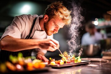 Chef Preparing Gourmet Dish in Restaurant Kitchen