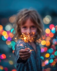 Child Holding Sparkling Firecracker at Night