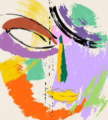 abstract colorful background, illustration with lines, waves, circles, paint strokes and splashes, face or mask