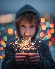 Child Holding Sparkling Firework at Night