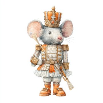Whimsical Mouse King in Regal Nutcracker Costume Watercolor